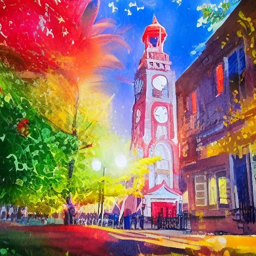 Bell Tower Fireworks in Gouache Impressionist Style