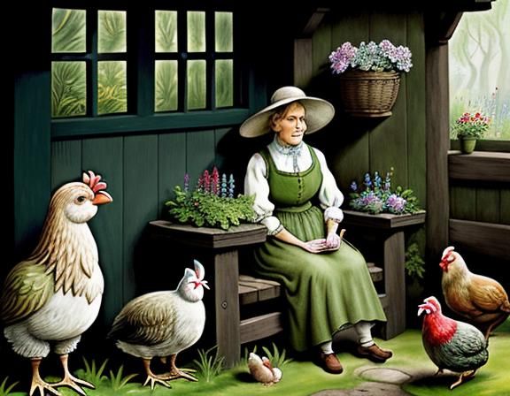 a female hobbit surrounded by hens and plants. water-color, ...