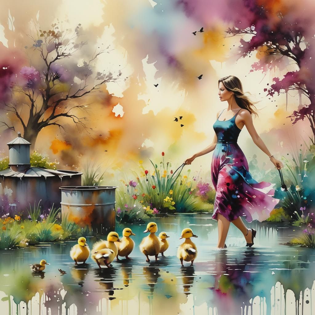 a stunning woman, walking through the garden near a water ta...