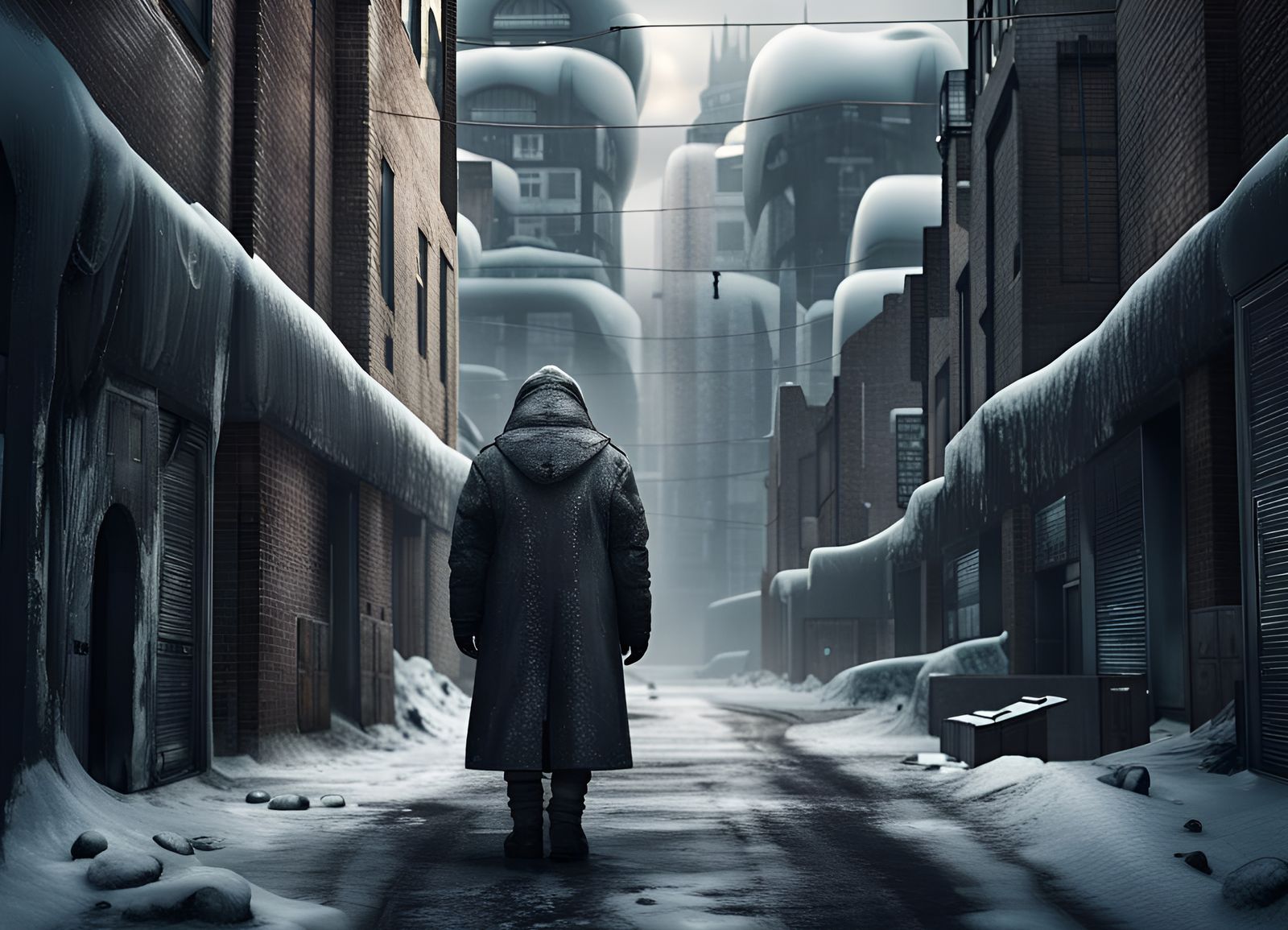 Humongous arctic dystopian city, ominous figure in an alleyw...