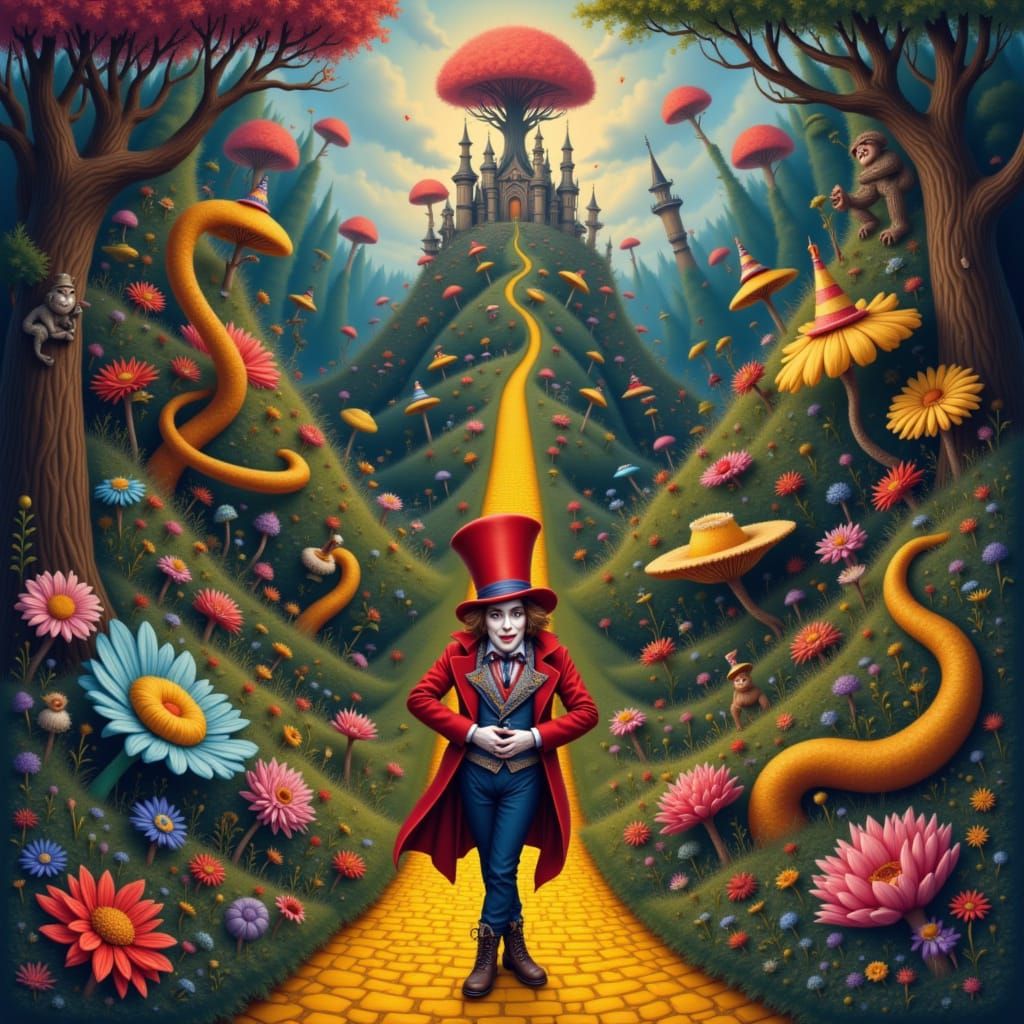 A beautiful example of <lora:Wonderland:1.0> with the mad hatter dominating the scene