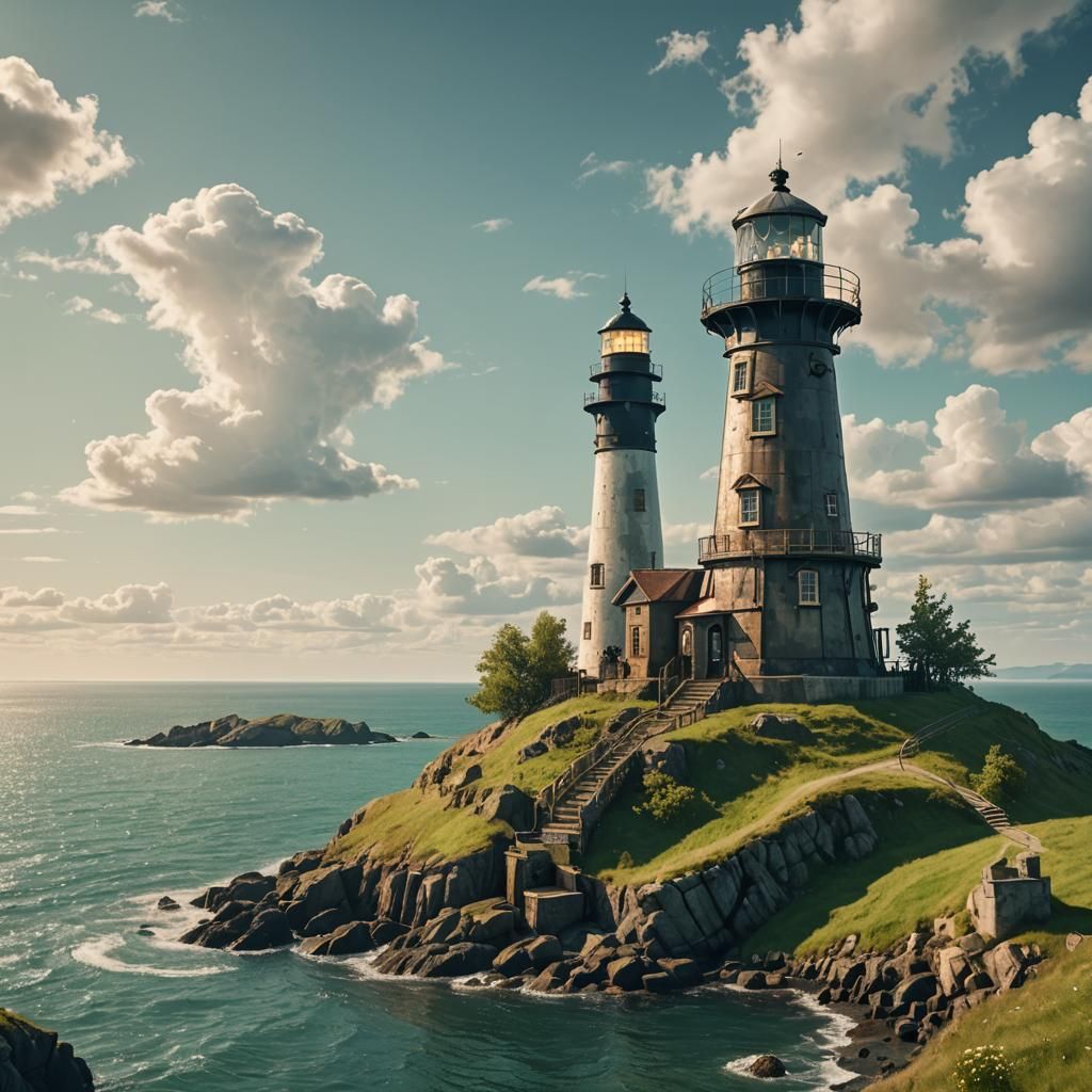 An old lighthouse standing on a small green hill with a calm...