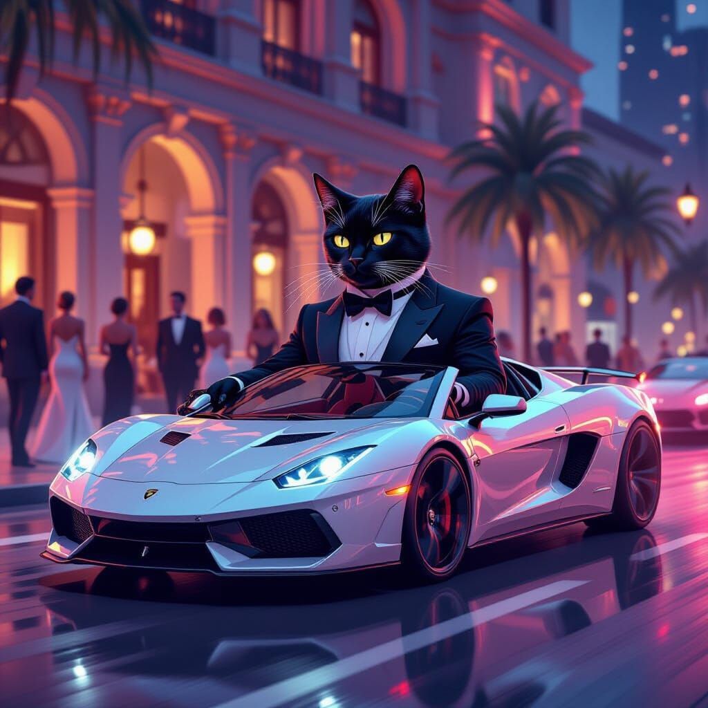 cat male assassin in a sharp tux in a Super sports car coming to a party