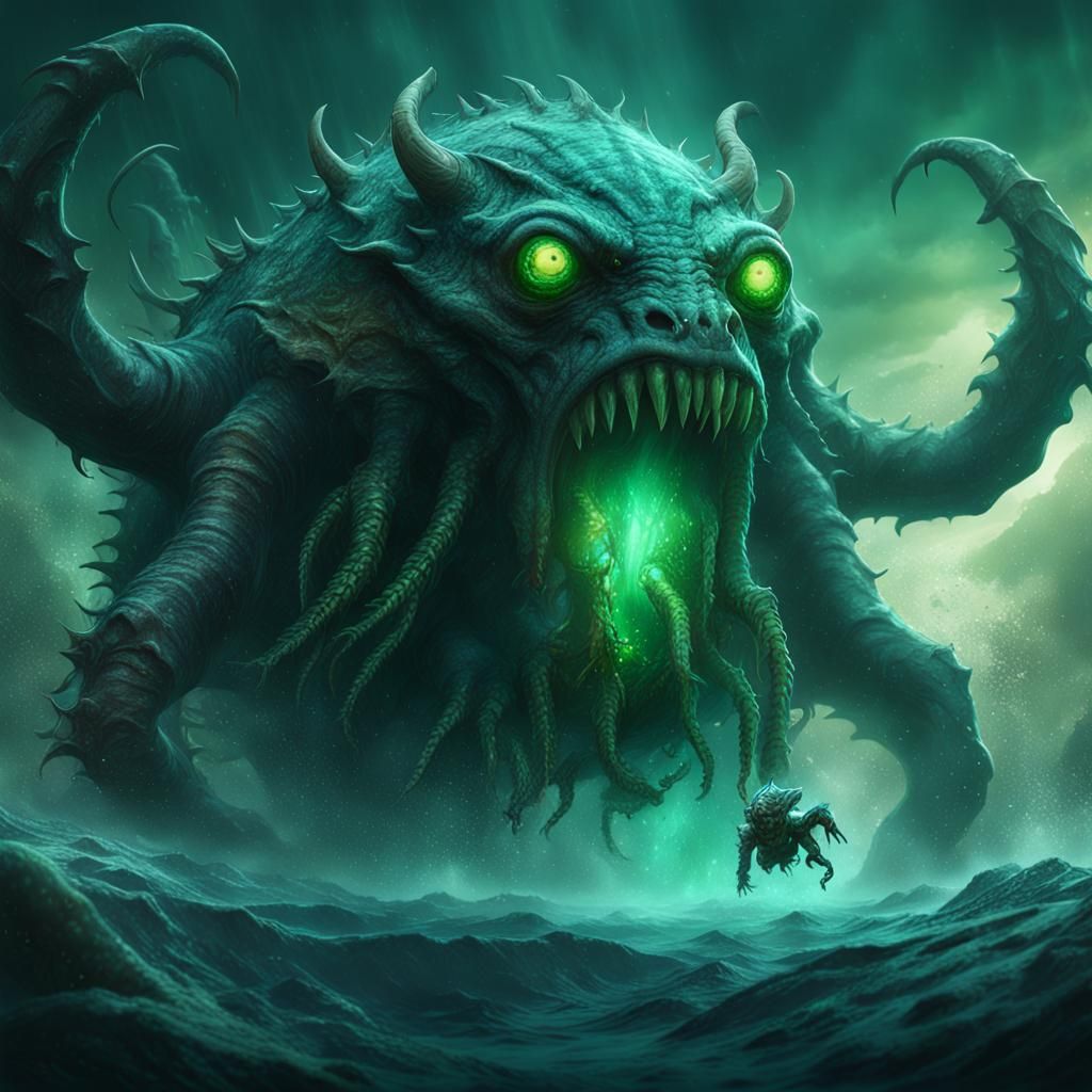 behemoth underwater demonic monster, emerald eyes, consuming a submersible, ominous, gloomy, realistic, lovecraftian