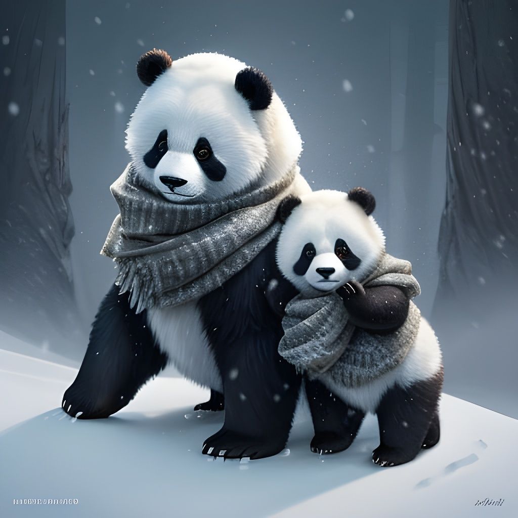 Cute Panda Mother Dresses Cubs in Scarf in Snowy Landscape