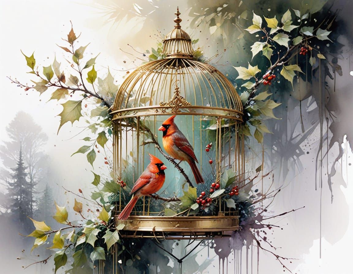 cardinals inside a gold birdcage  by @Victoria G