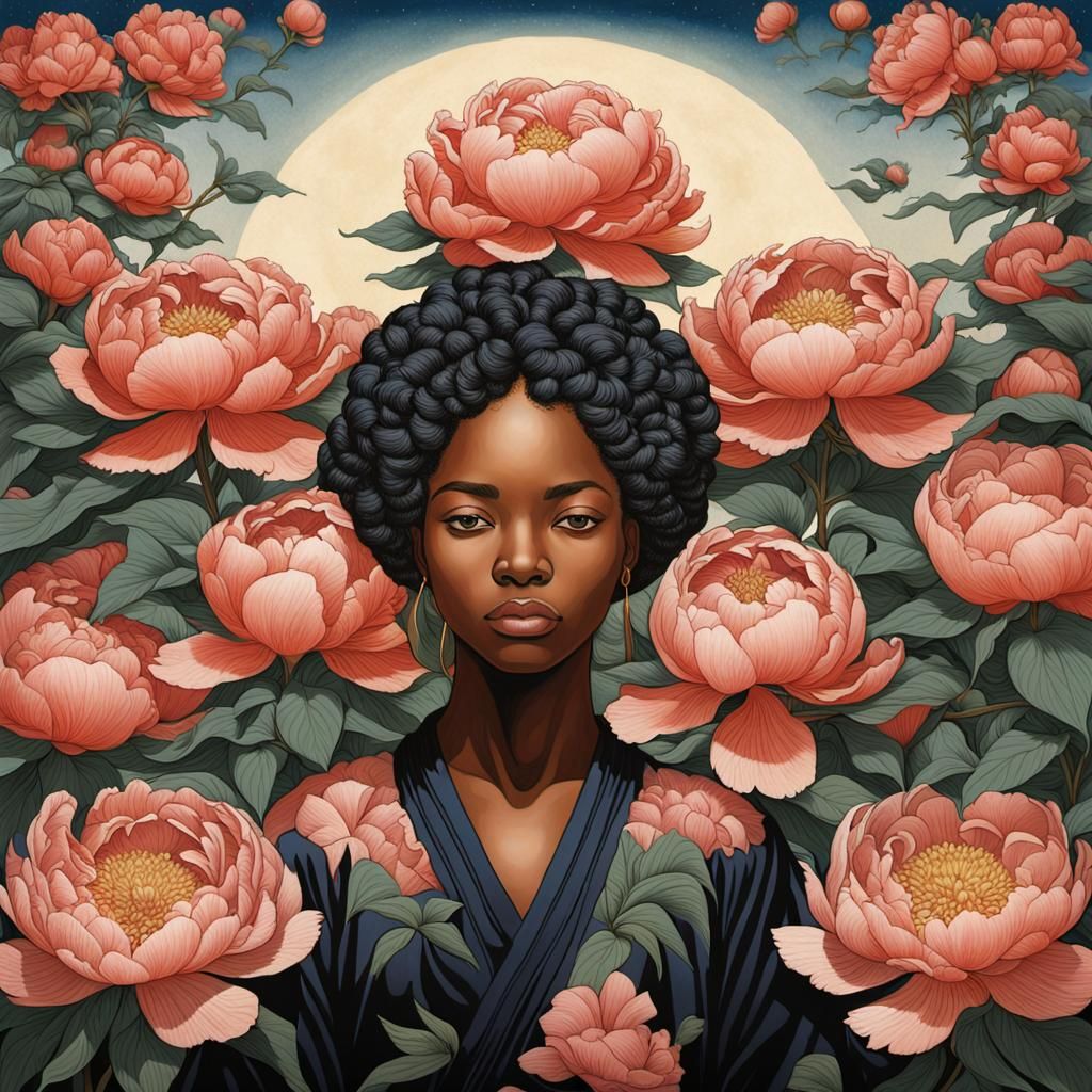 black woman holding and surrounded by Peonias Ukiyo-e dynami...