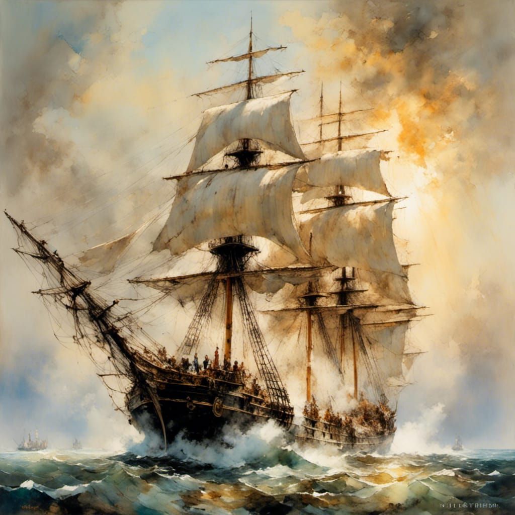 Ethereal Warship Formed of Smoke in Oil Painting