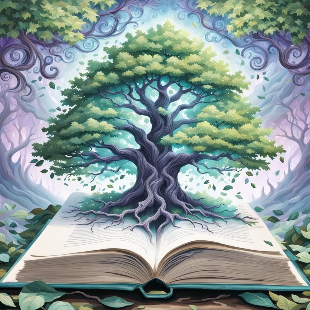 an open book with a great tree growing out from between the pages, one ...