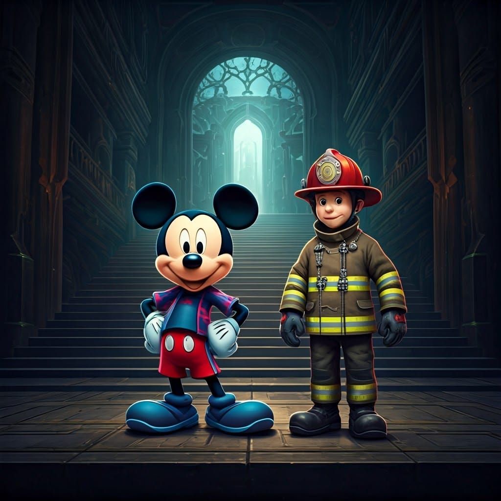 Mickey Mouse and Fireman in a Matte Painted World