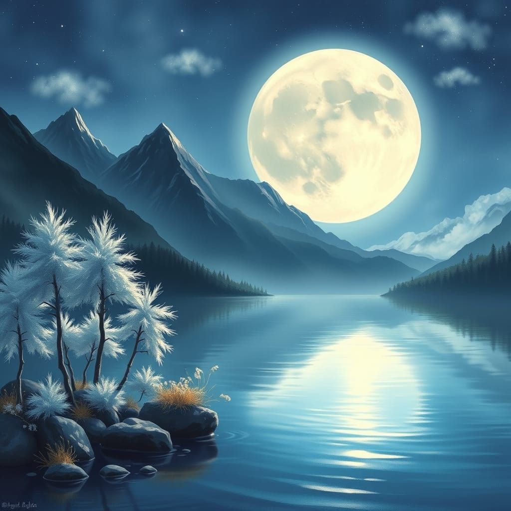 Dreamy Moonlit Mountainscape in Traditional Chinese Watercol...