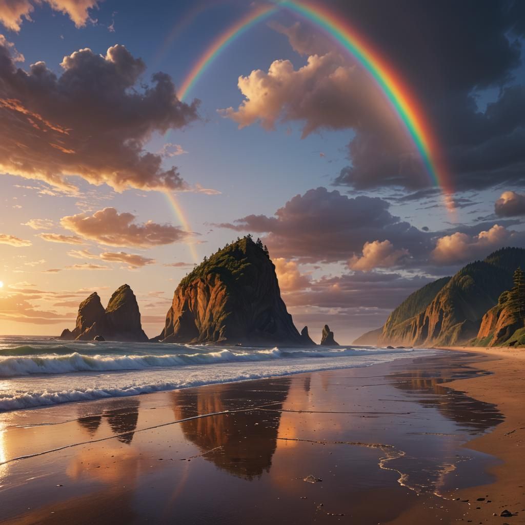 Beautiful Rainbow Sunset Cann I n Beach, Haystack Rock
