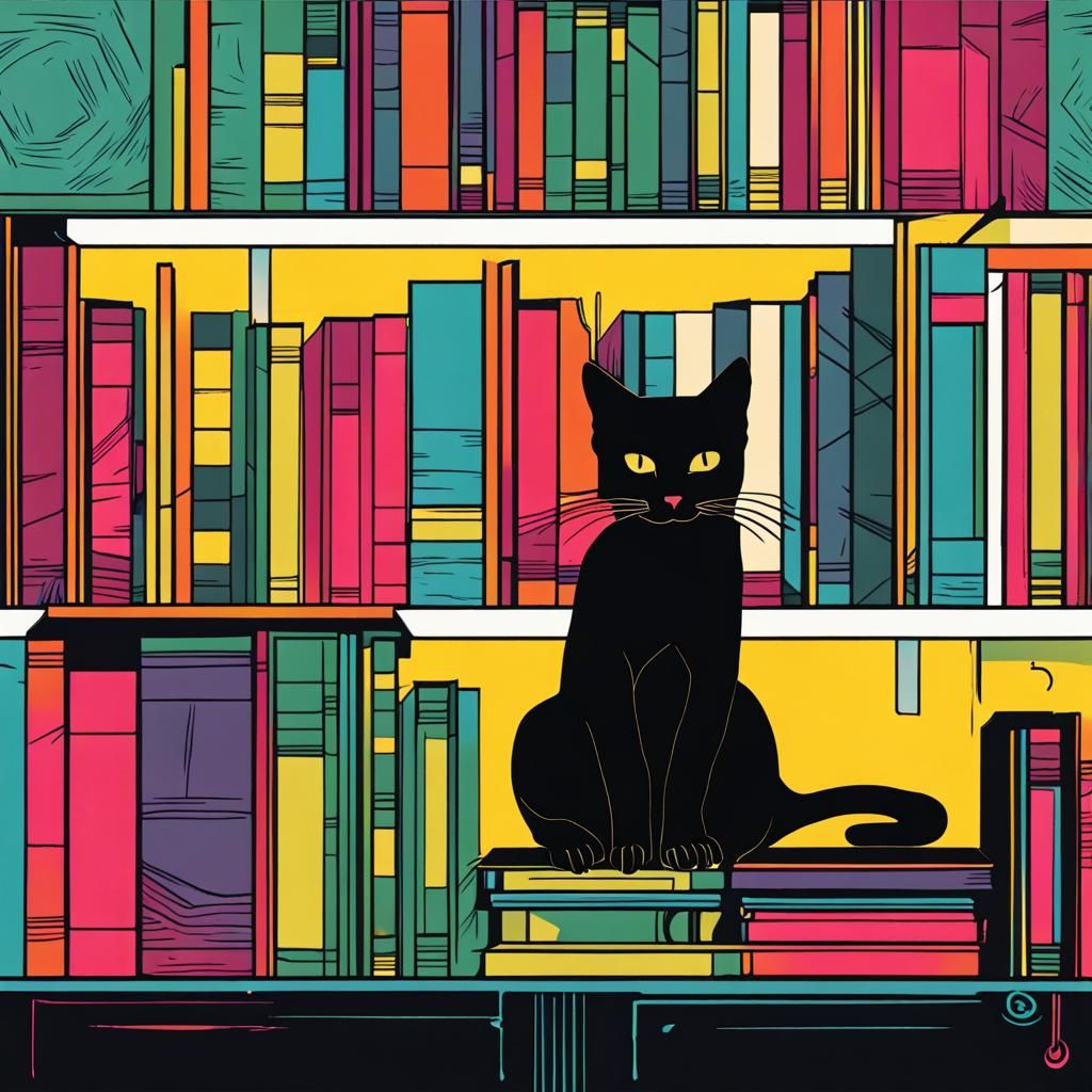 Black cat on the bookshelf. - AI Generated Artwork - NightCafe Creator