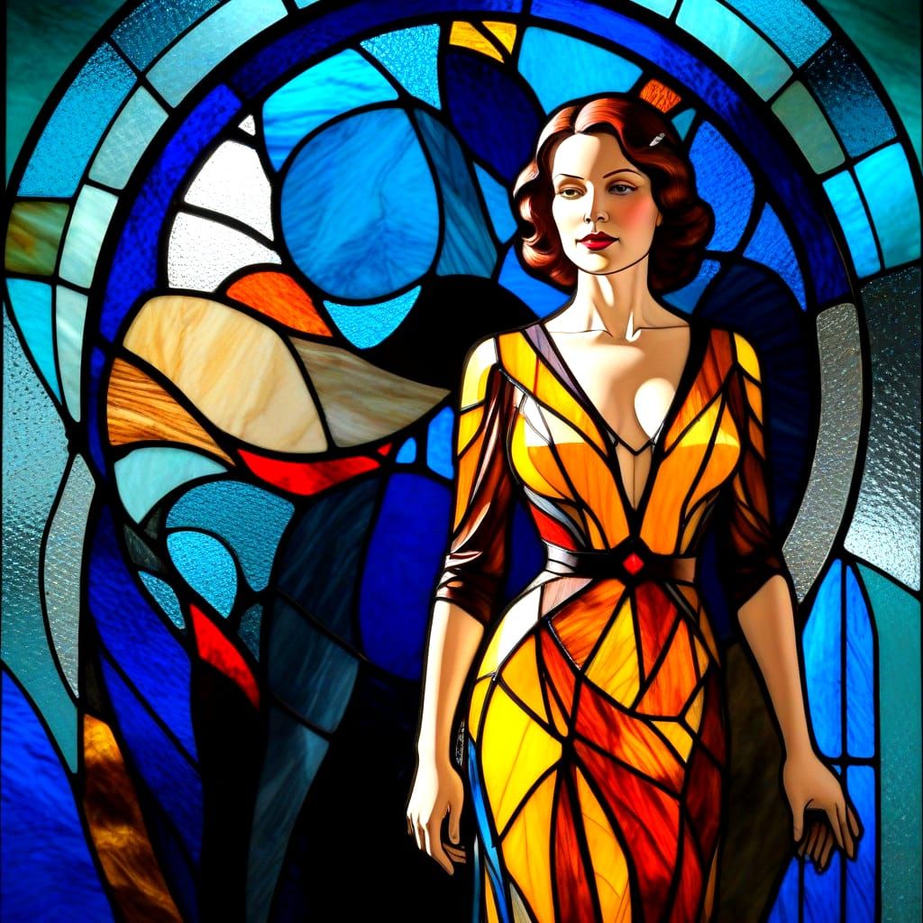 Elegant Art Deco Woman in Stained Glass