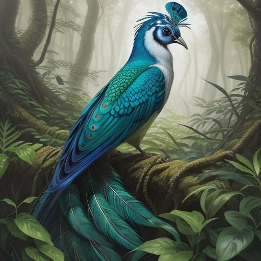 Peacock Person in Mystical Forest: Surreal Portrait