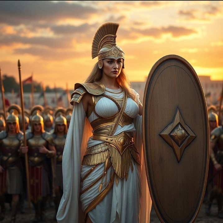 ATHENA IN WHITE AND GOLD ARMOR HOLDING A SHIELD WITH AN ARMY BEHIND HER AT SUNSET.
