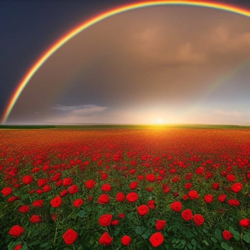 Field of red roses and rainbow  by @Deep Artist