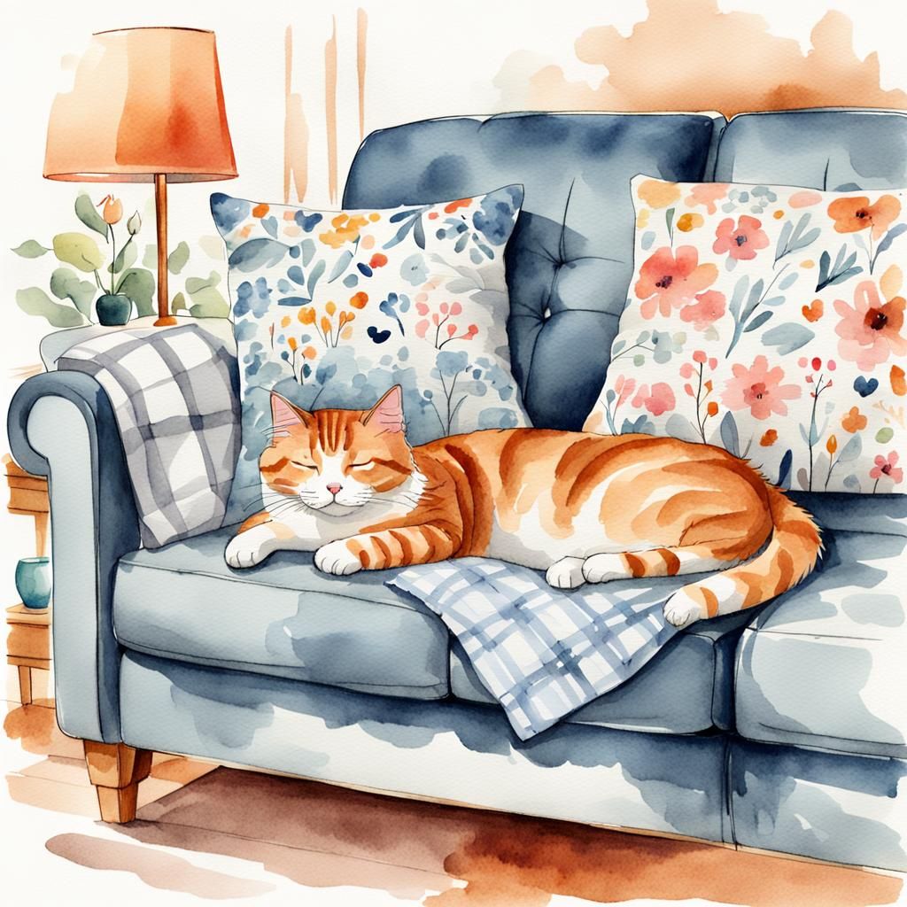 a fluffy cat sleeps with a dog on a couch in a cozy room, wa...