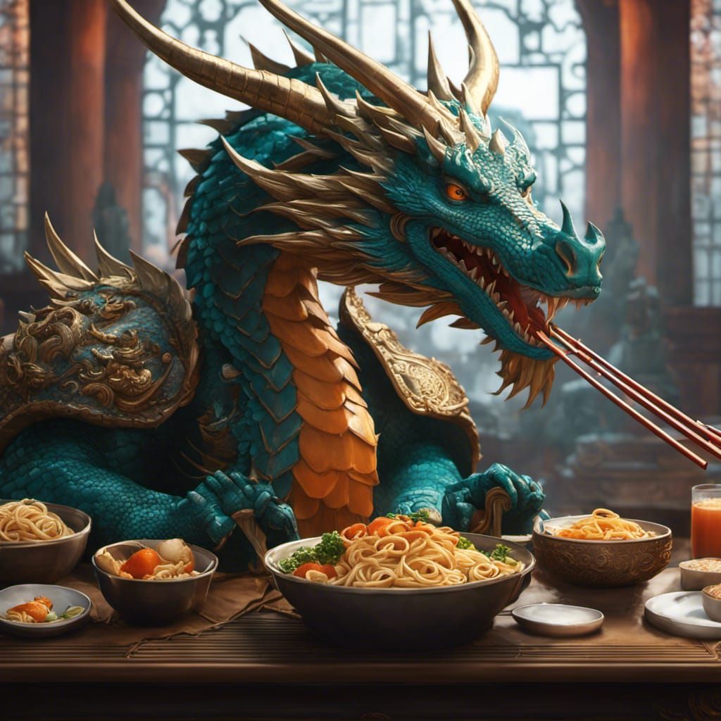 Colossal dragon eating Ramen