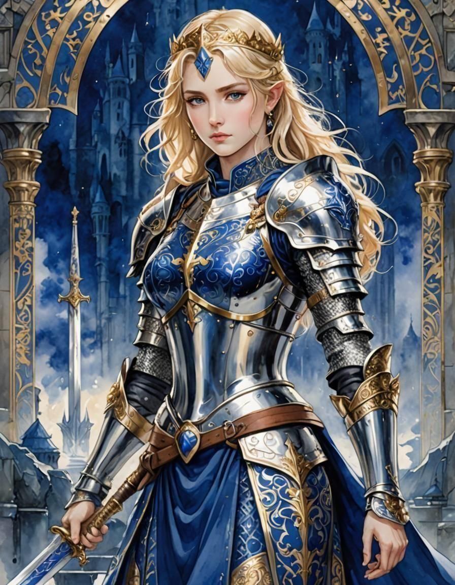 King Arthur as a pretty lady, blonde, wear silver plate armor adorn with royal blue clothes, embossed golden pattern, holding the holy sword...
