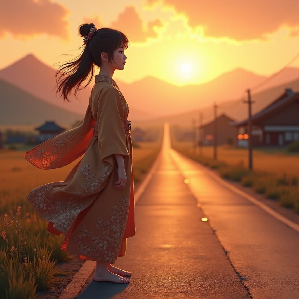 Village Girl in Kimono at Sunset, Anime Style