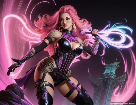 woman with pink hair and tattoos in a black outfit and boots...