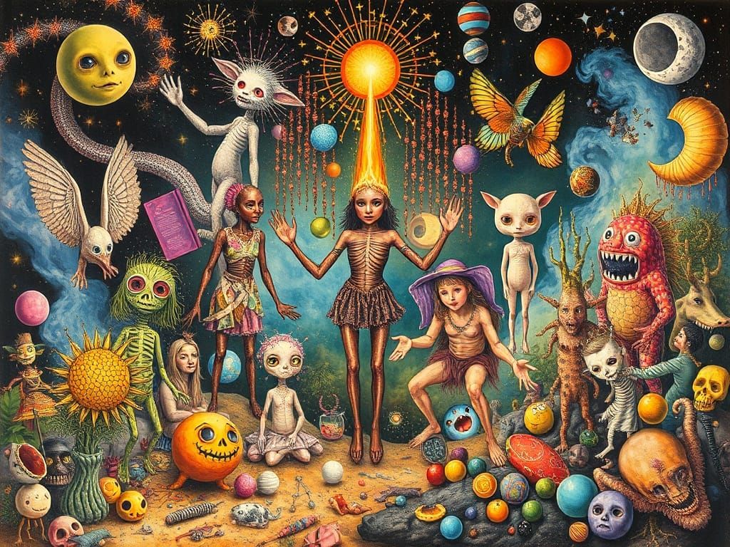 Magic,  mystery, beings and weird stuff,  vibrant collage