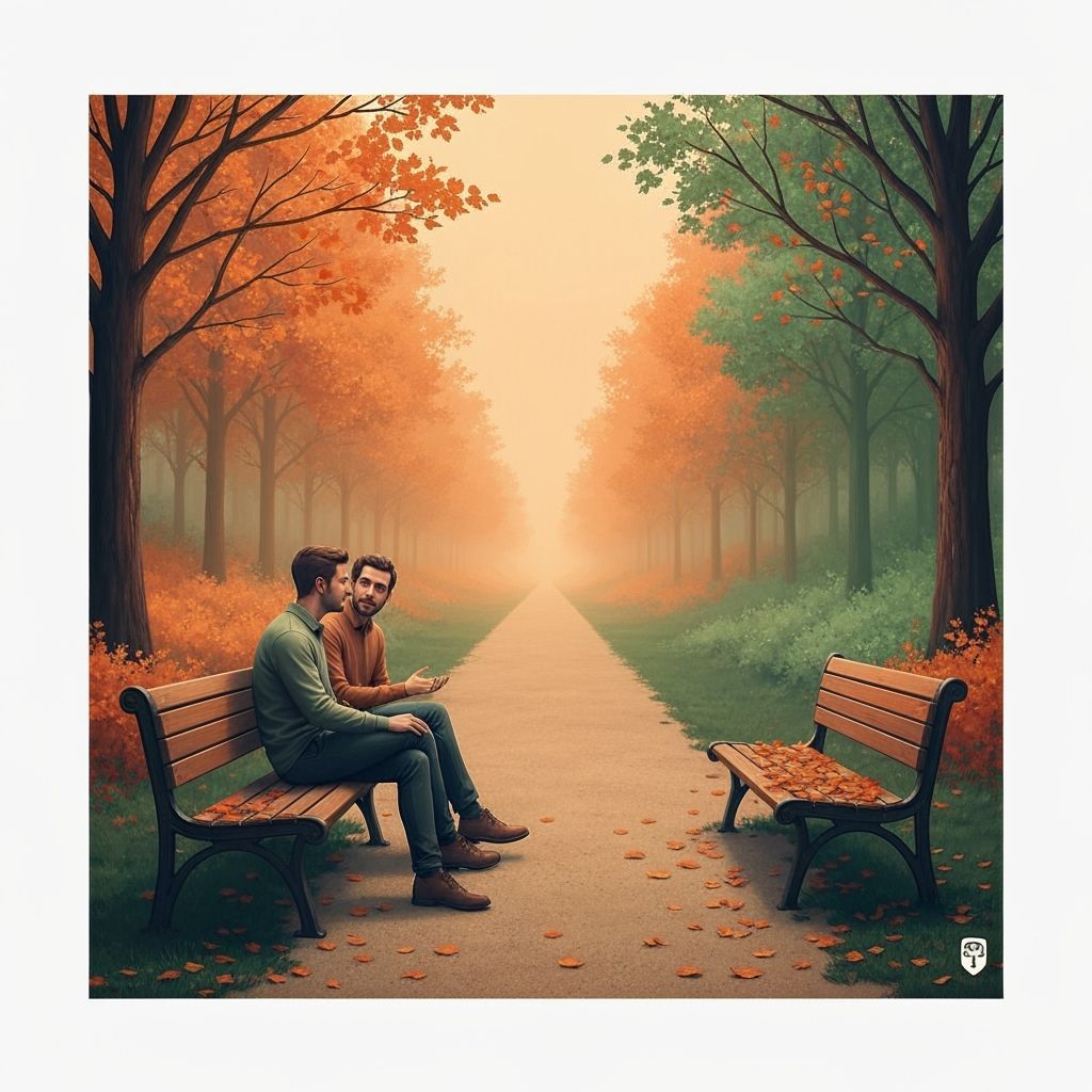 Friends Talking on a Bench in Surreal Autumn Landscape