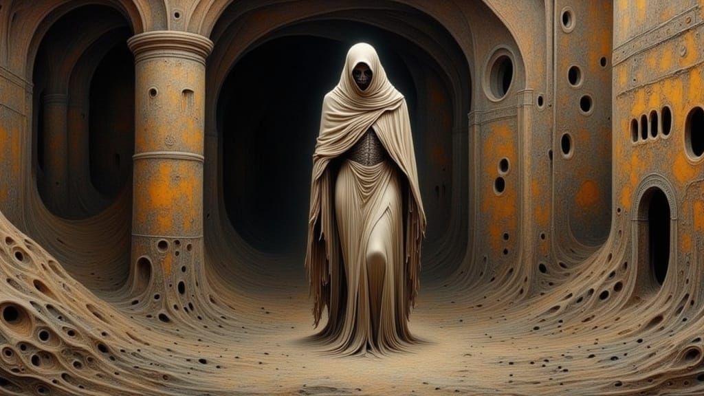  <lora:Serai Flux:1.0> Horrifying mummy wrapped in strips of linen walking away its ancient Egyptian tomb