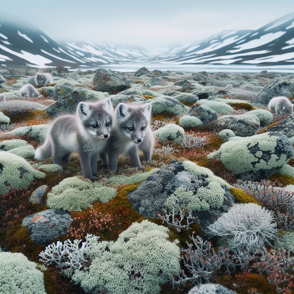 Arctic fox pups playing in tundra
