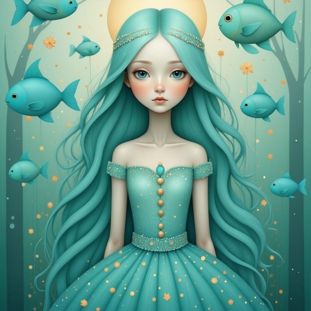 <lora:MONO PORTRAITS:1.0> a portrait of a beautiful  girl in shades of turquoise, turquoise and blue fish swimming around her, in the style...