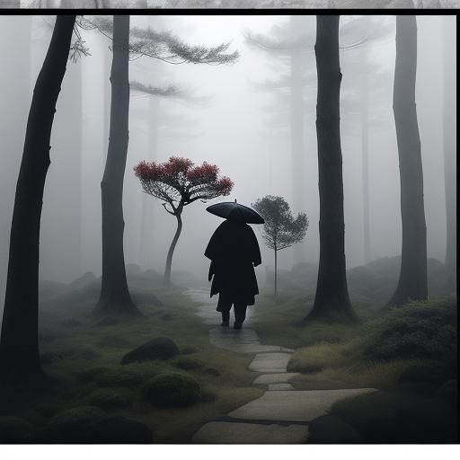 Samurai in Misty Forest: Japanese Ink Painting