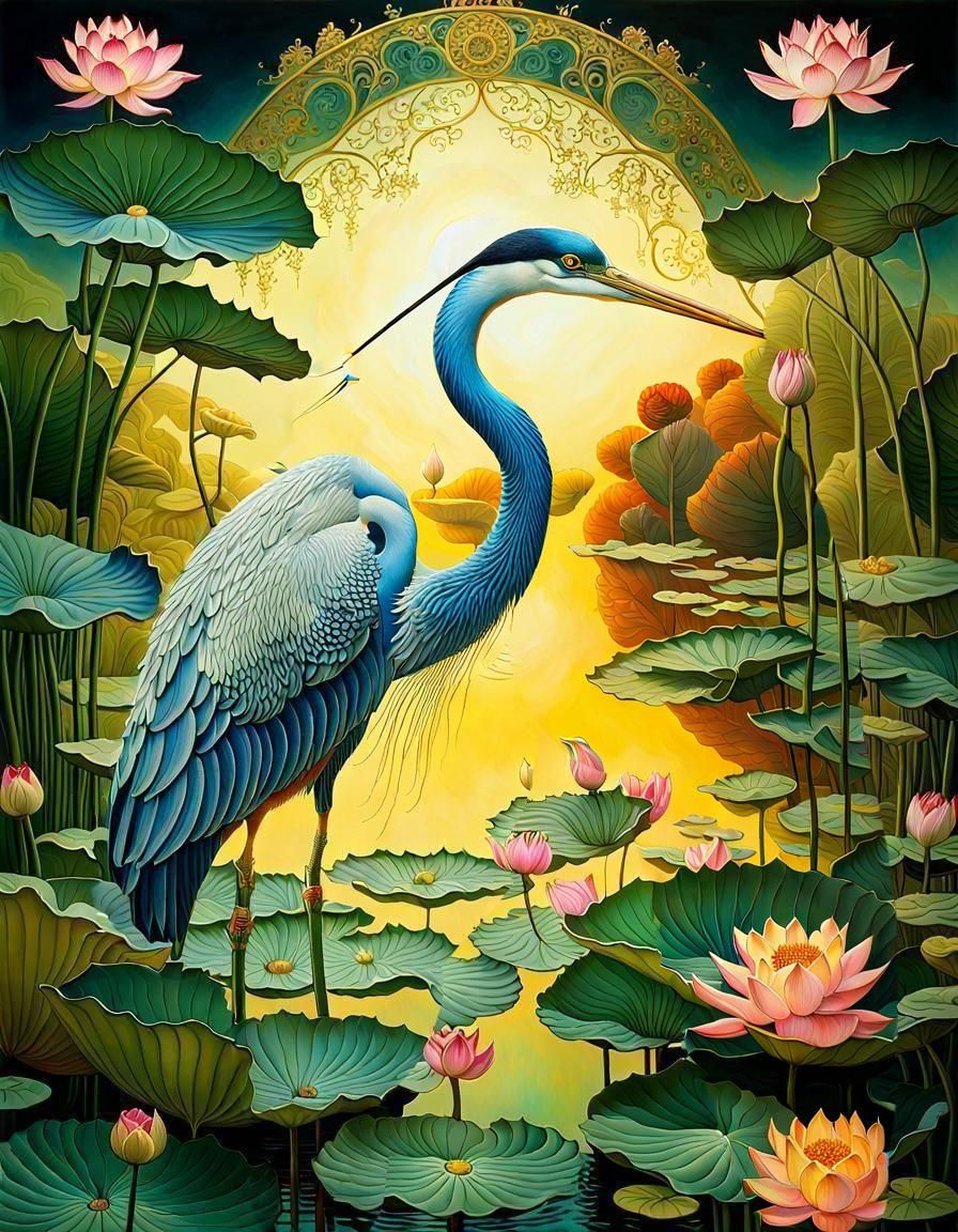 Heron in the Lotus Pond