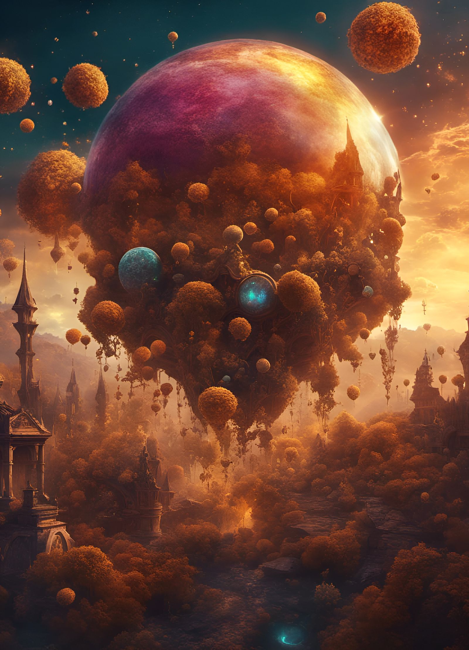 Bohemian Dreamland with Flying Flowers, Art Nouveau Style