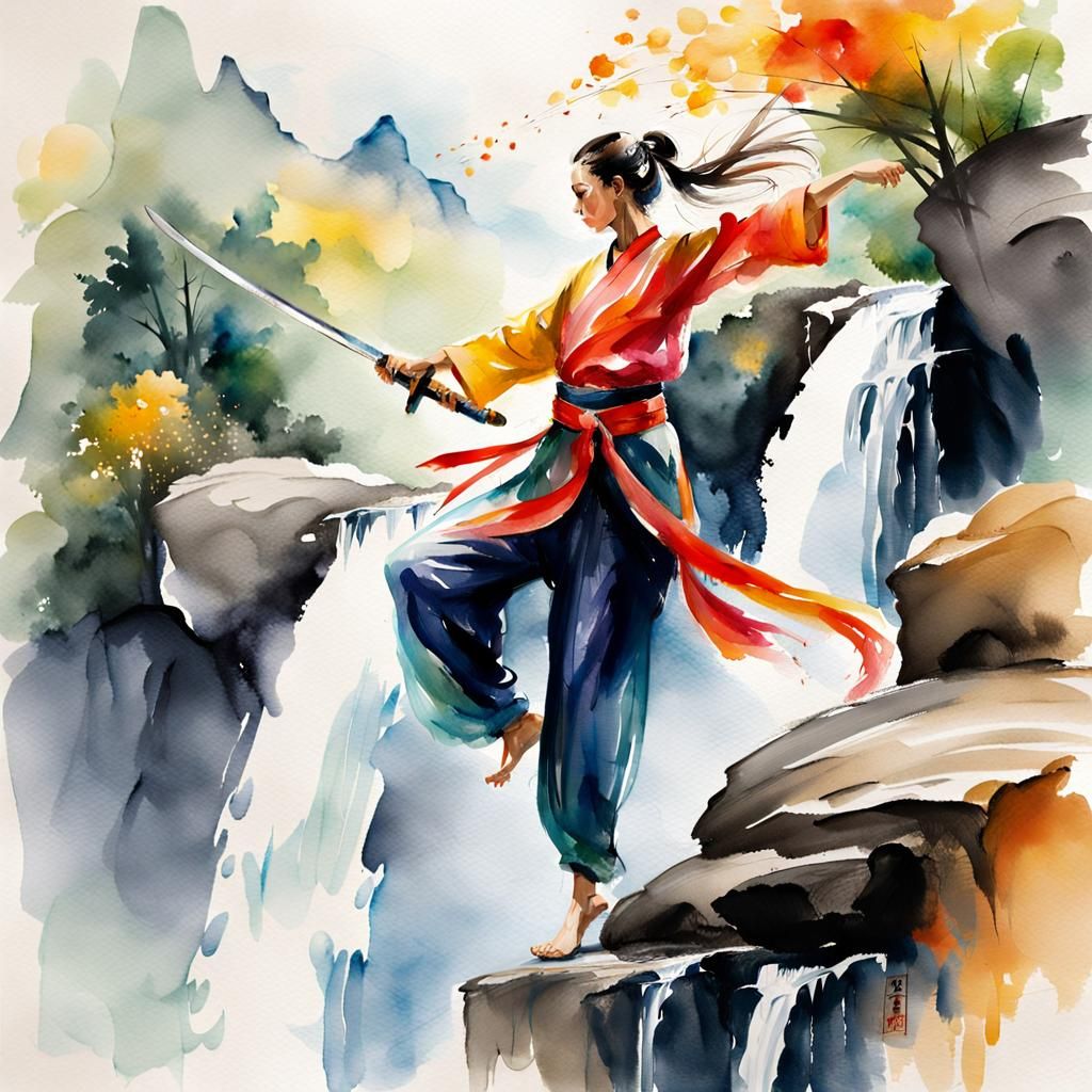 A female kung fu master training with a sword on top of a waterfall. in the style of Anna Razumovskaya, loose flowing figures and soft water...
