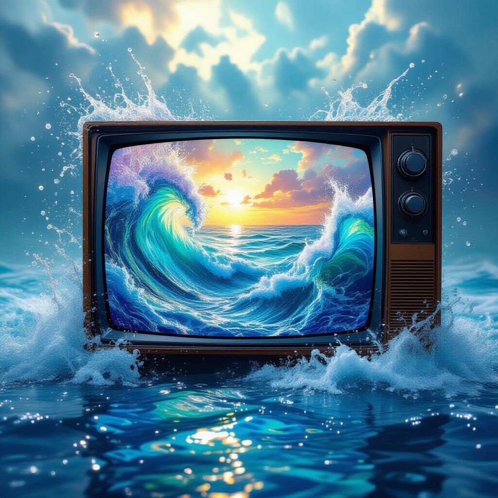 Turbulent Multicolored Ocean Water Spews From TV Screen
