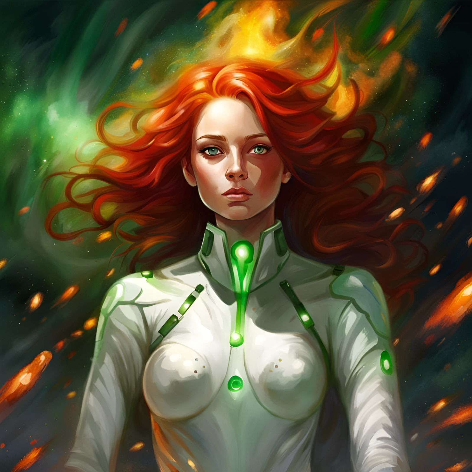 Fiery Redhead Ascends in Burning Space