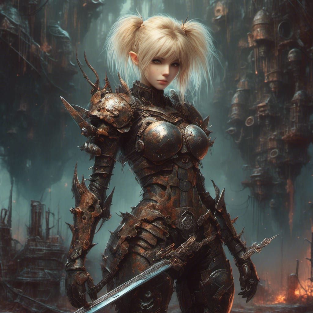  <lora:Cyber Pixie:1.0> cyber pixie warrior in rusted metal armor and blonde hair holding a sword in an apocalyptic background 