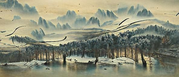 A beautiful Chinese ink wash painting of a river in a native...