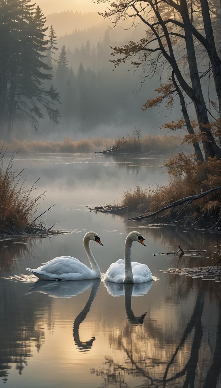 Pair of trumpeter swans. Placid lake. Misty sunrise. Etherea...