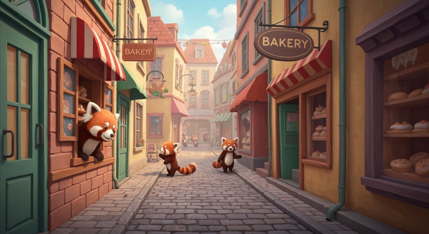 A vibrant cityscape where red pandas are the local inhabitants, casually strolling down cobblestone streets ...  by @Erica 
