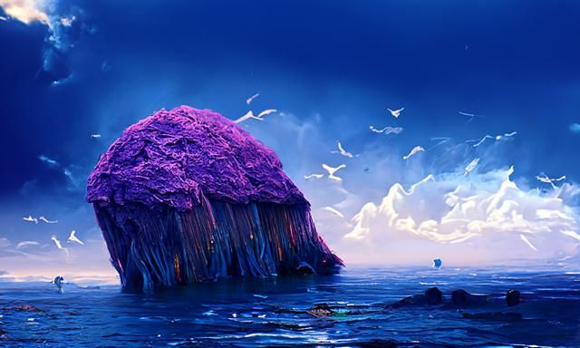 a masblue and dark purple Beksinski archipelago glowing in t...