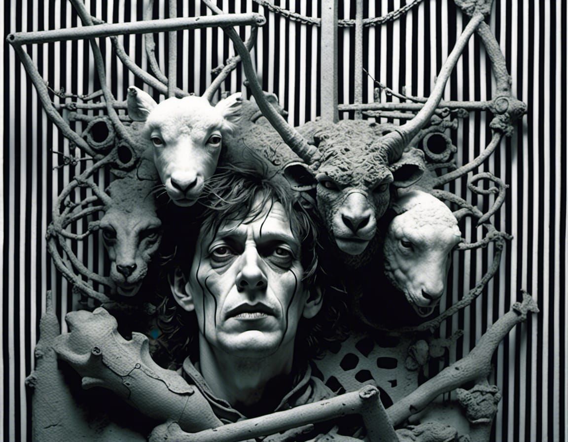 Surreal Landscape with Shepherds Driving Lions