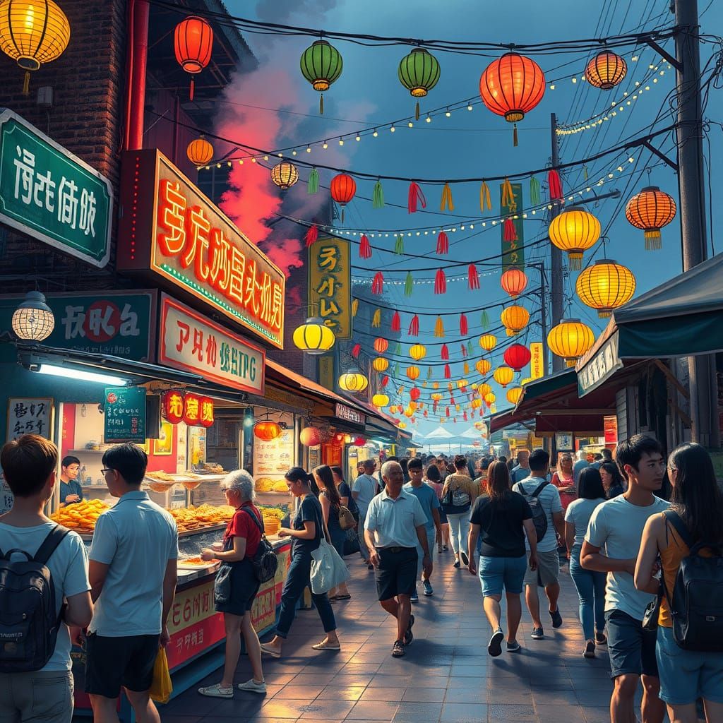 Neon-lit food stalls offering vibrant street food under colorful lights.
Crowds strolling through an ...  by @Shu