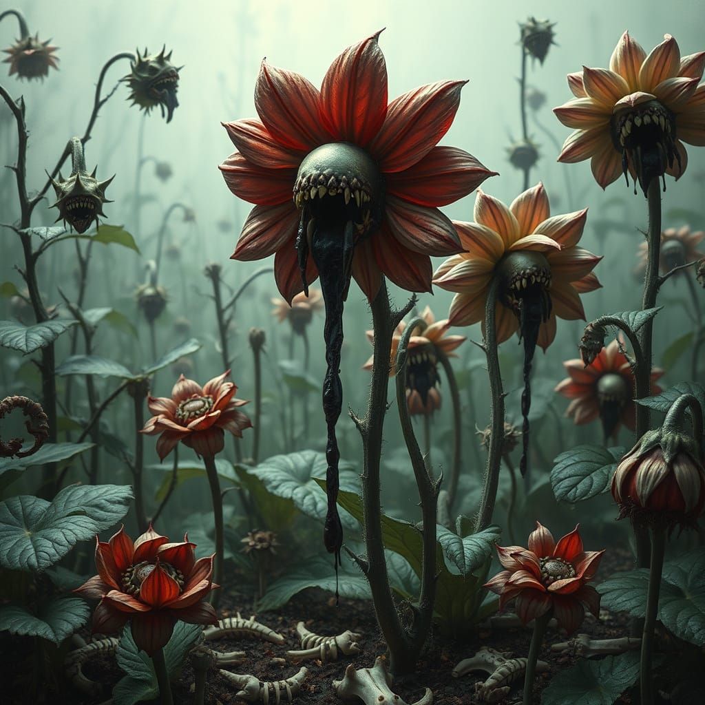 a garden where the flowers have teeth and eyes, their petals dripping with a viscous, black fluid. The ...  by @Faydra6410