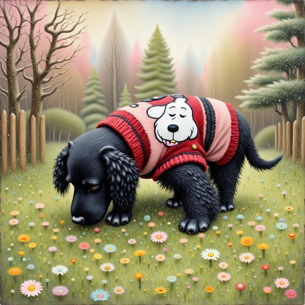 an old grizzled stocky black spaniel with a big heavy nose wearing a woolly dog jumper with Snoopy on it.  Elizabeth Beresford. whimsical vi...