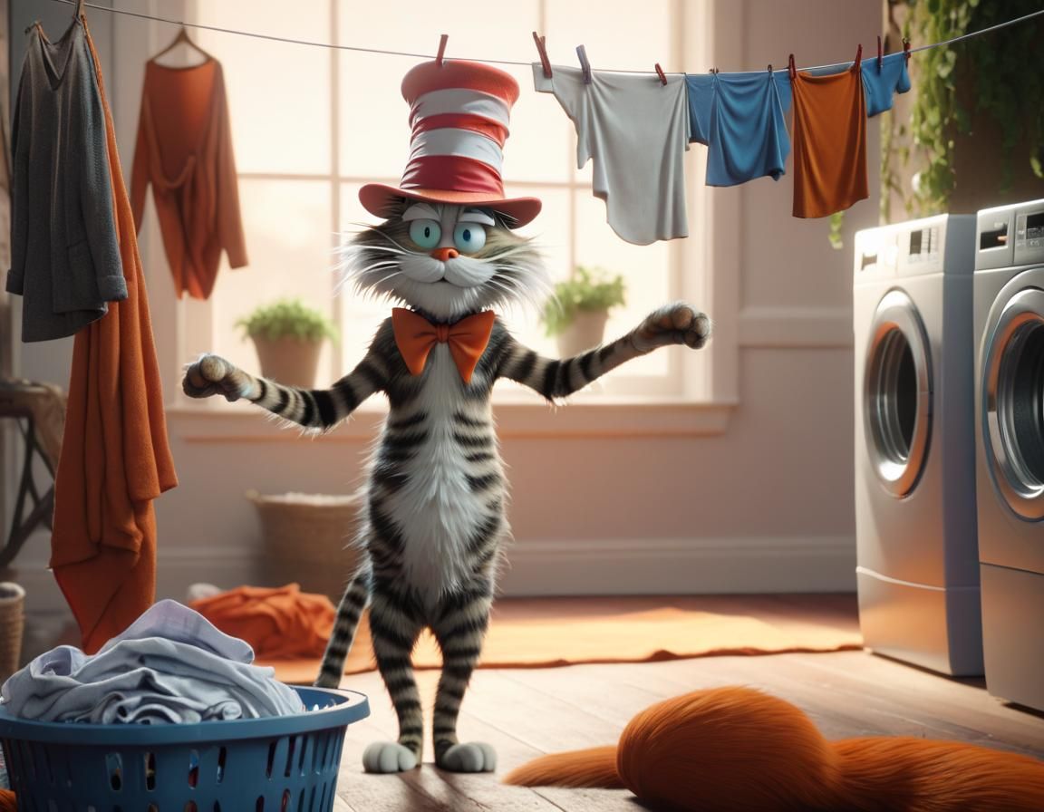 The Cat in the Hat hanging his laundry.