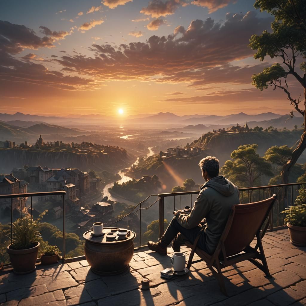 sitting watching the sunrise with a cup of coffee