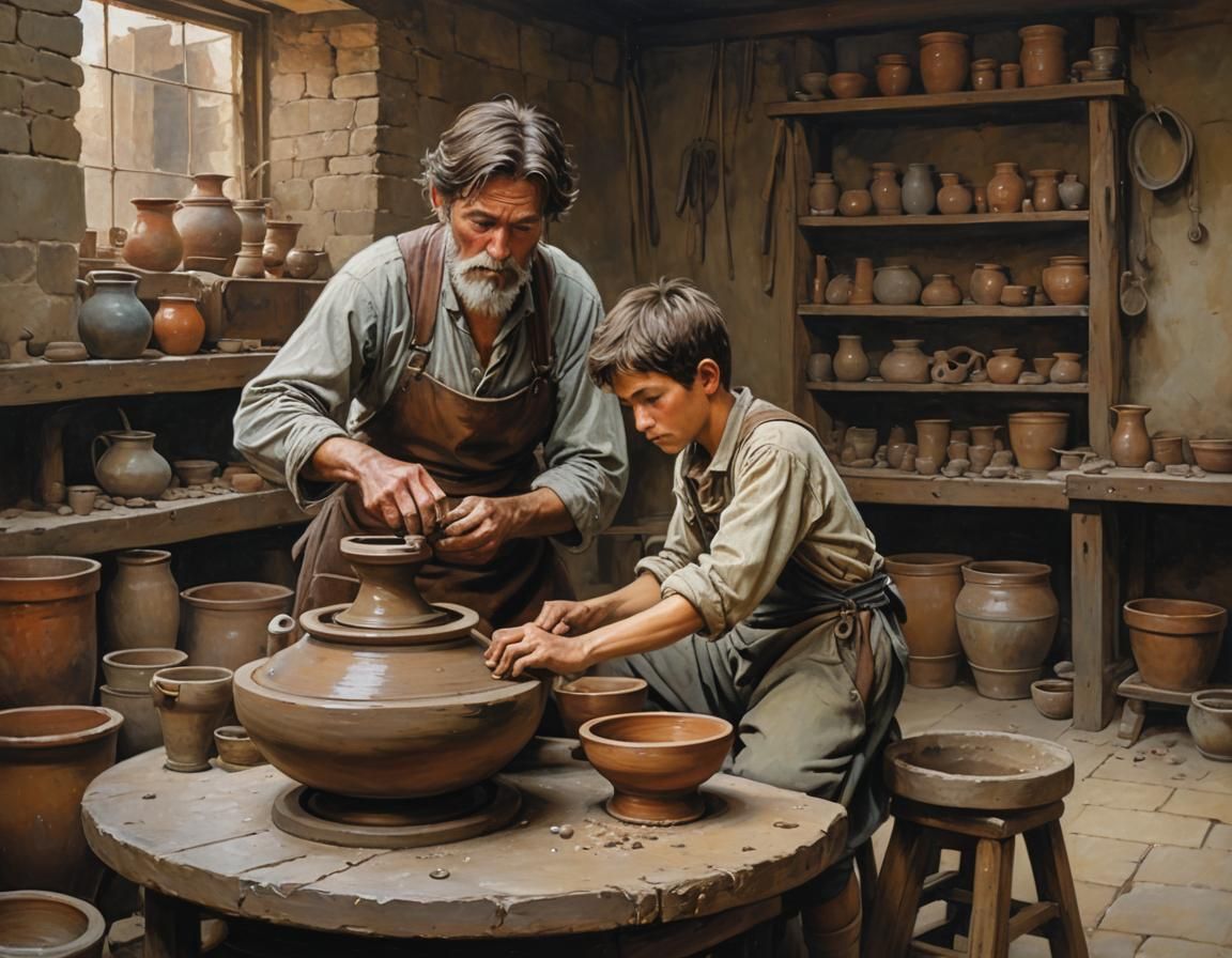 in a dusty work room a master potter and his young apprentice are leaning over potters wheel oil painting ...  by @The ancient one