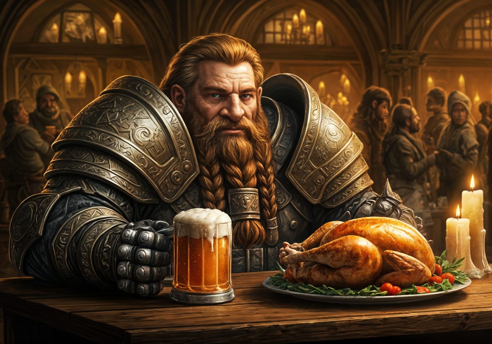 Raedstrom, the Dwarven Paladin, wearing his runic plate armour, stops for a snack the local tavern.  by @Kernowek